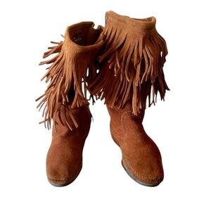 Minnetonka Layered Fringe Whisky Conyac Brown Suede Leather Moccasins Bo…
